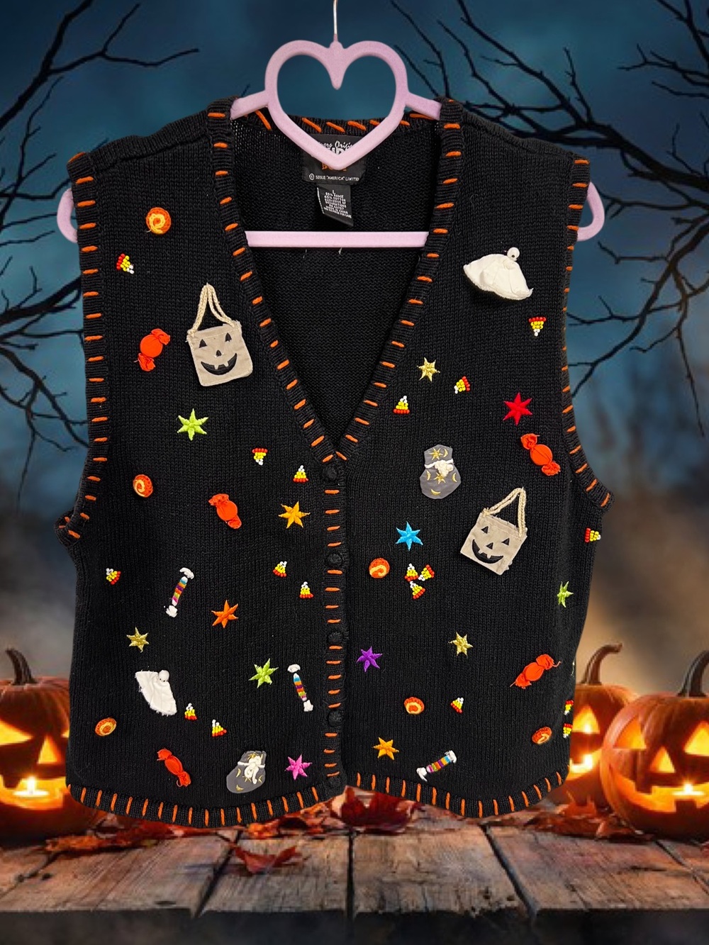Vintage Designers Originals Studio Boo! black and orange Halloween knit vest